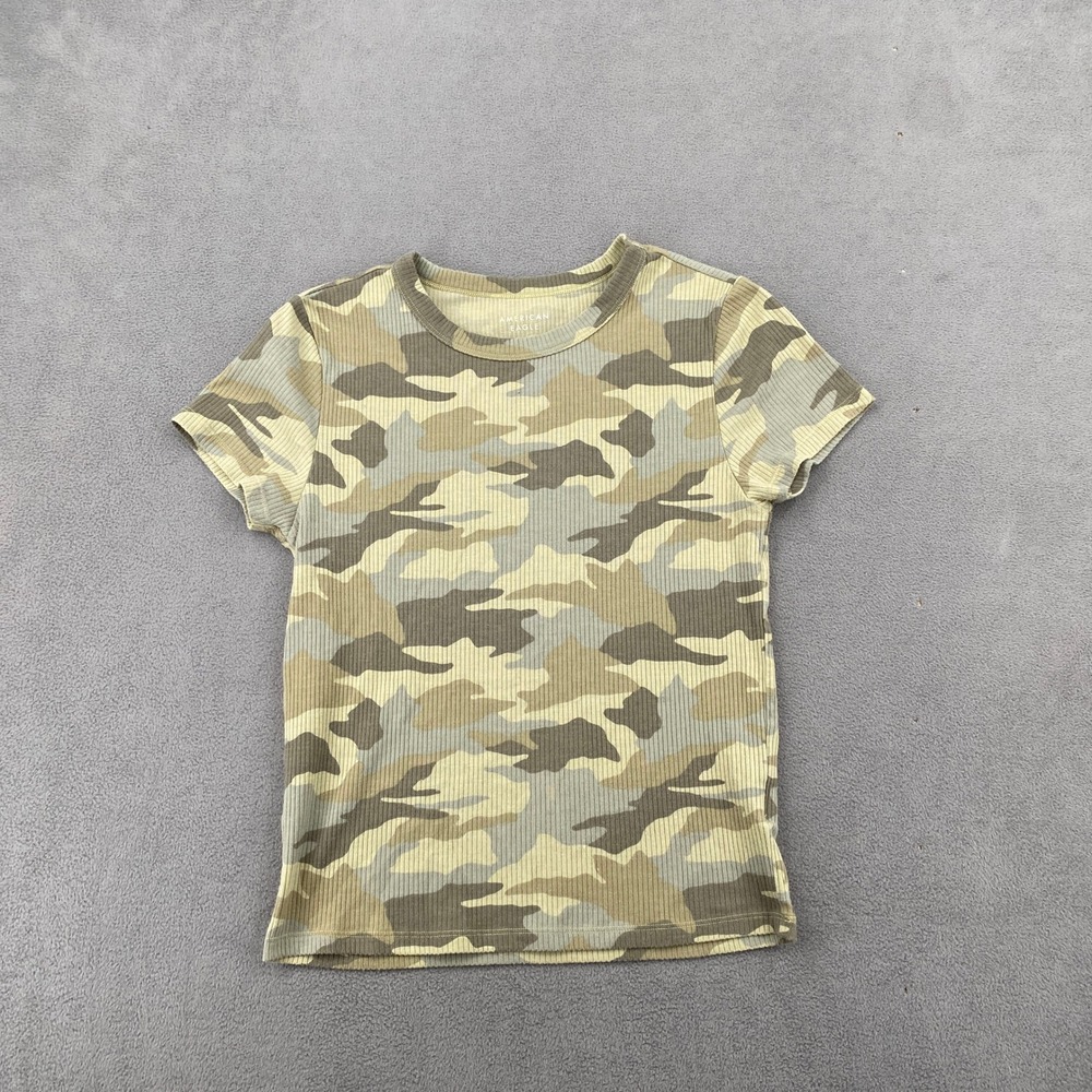 American Eagle Camo Ribbed Short Sleeve T-Shirt Green Tan Camouflage Small y2k